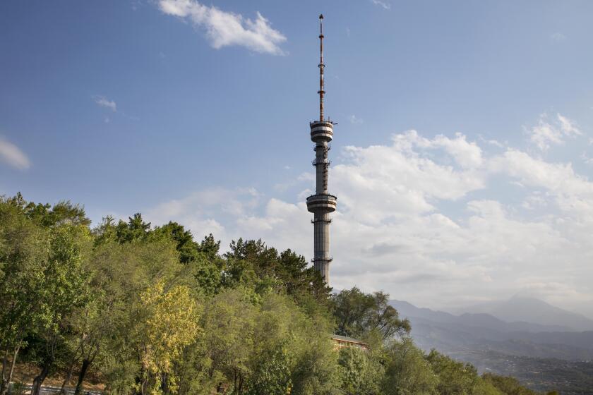 telecoms tower at tok-tobe park in the hills above almaty kazakhstan