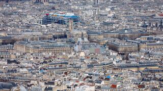 Paris aerial view, rooftops of the 4th arrondissement, Ile de la Cite, Tour Saint Jacques and Centre Georges Pompidou, France