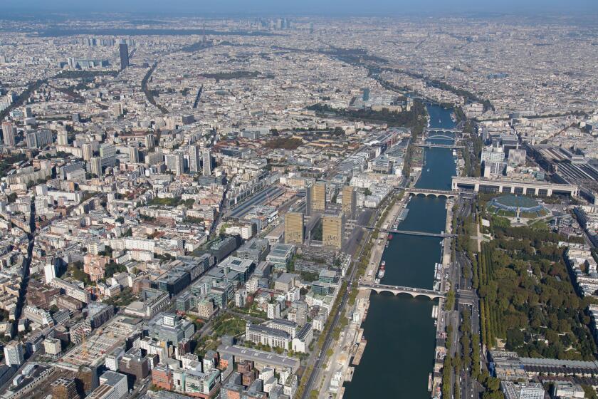 France, Paris, 12th arrondissement and the Seine, Bercy, Ministere des Finances, Palais Omnisport de Paris Bercy (aerial view)
