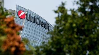 A logo sign outside of the headquarters of the UniCredit Group in Milan, Italy on September 3, 2016.