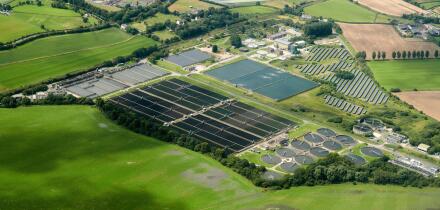 An aerial image of United Utilities Water Treatment works, Parbold, north west England, UK