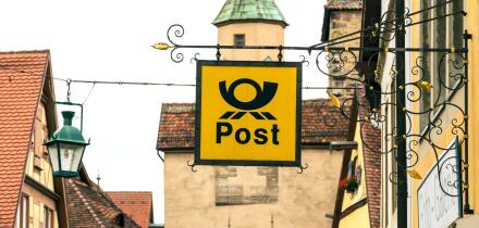 the logo of the brand "Deutsche Post" . Deutsche Post DHL is the world's largest courier company. Berlin, Germany, Europe,