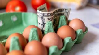 A cost of living, food inflation concept with US Dollar bills and grocery items.