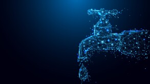 Dripping tap with drop form lines and triangles, point connecting network on blue background. Illustration vector