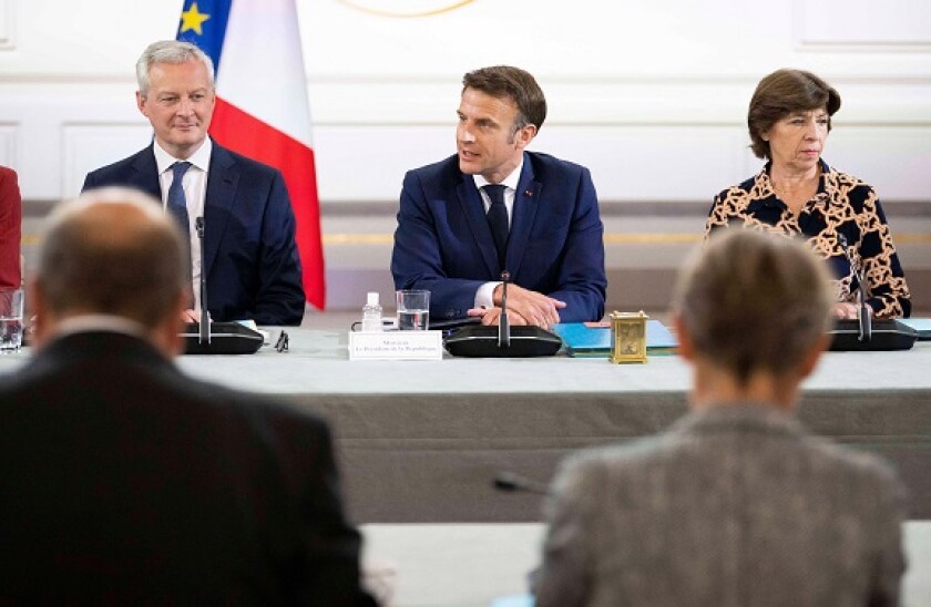 French President Emmanuel Macron, French economy Minister Bruno Le Maire and French European and Foreign Affairs Minister Catherine Colonna during the first council minister at Elysee Palace in Paris on May 23, 2022. Photo by Eliot Blondet/ABACAPRESS.COM