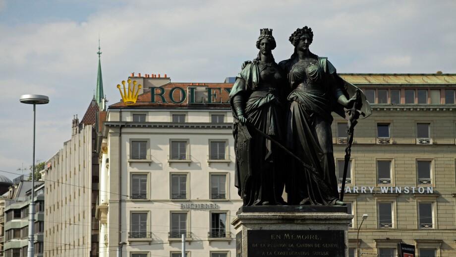 The National Monument with Geneva and Helvetia from 1869 in Geneva, Switzerland, Europe