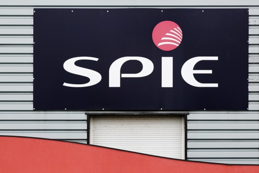 Peronnas, France - April 7, 2019: Spie logo on a building. Spie is a french company specialized in the fields of electrical, mechanical