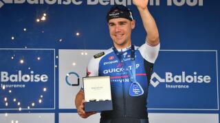Dutch Fabio Jakobsen of Quick-Step Alpha Vinyl celebrates on the podium after winning the final stage of the Baloise Belgium Tour cycling race, 189,9km from Gingelom to Beringen, Sunday 19 June 2022. The Baloise Belgium Tour takes place from 15 to 19 June