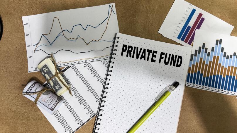 Concept of Private Fund write on book isolated on Wooden Table.
