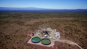 Vaca Muerta, Argentina, November 22, 2015: Extraction of unconventional oil. Battery of pumping trucks for hydraulic fracturing.