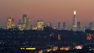 The City of London skyline at dusk, from Alexandra Palace, North London UK