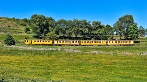Train jaune in Pyreneans mountains, Languedoc Roussillon, France.