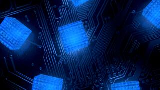 A concept showing a network of interconnected blocks of data depicting a cryptocurrency blockchain data on a dark background - 3D render