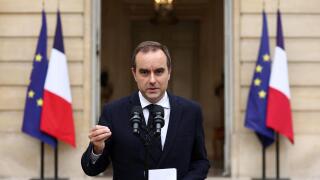 French outgoing Prime Minister Sebastien Lecornu, who resigned just a day after naming his government, delivers his statement at the Hotel Matignon in Paris, Monday, Oct. 6, 2025. (Stephane Mahe/Pool via AP)