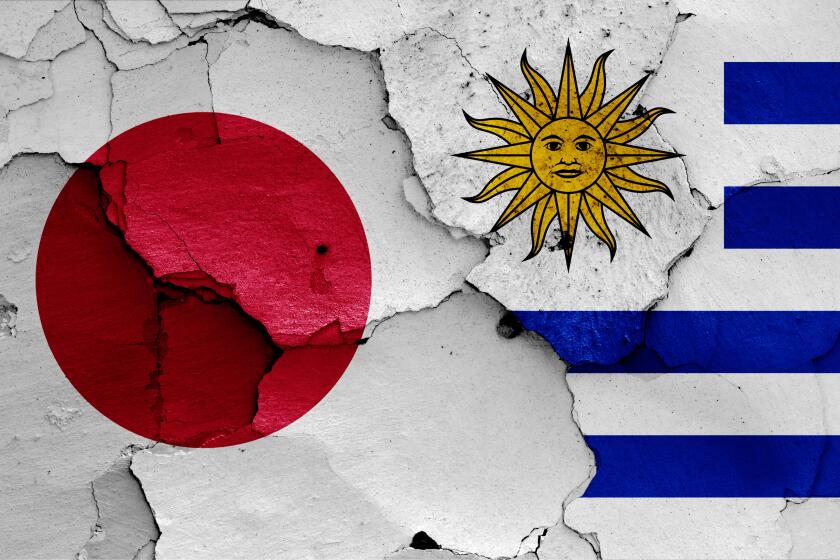 flags of Japan and Uruguay painted on cracked wall