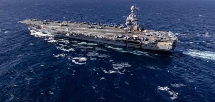 The world's largest aircraft carrier, USS Gerald R. Ford steams in the Atlantic Ocean, Nov. 12, 2024. The Gerald R. Ford Carrier Strike Group is under