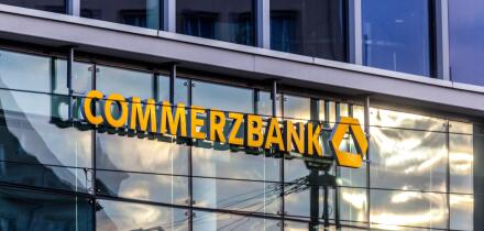 Commerzbank logo on glass facade, Dresden, Germany