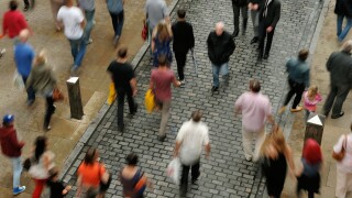 Overhead city centre crowds of shoppers