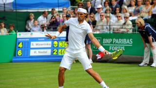 Rafael Nadal in action against Stanislas Wawrinka during the BNP Paribas Fortis Tennis Classic at the Hurlingham Club, London.