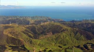 Aerial view of the Wind Farm Electricity generation on the Makara Hills in the western suburbs of Wellington city, New Zealand.