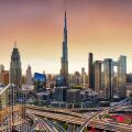 Dubai skyline at sunset with Burj Khalifa - aerial view, United Arab Emirates