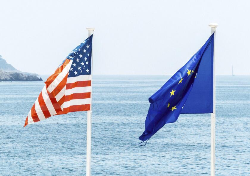 Flags of the European Union and the USA, symbolic photo for partnership, diplomacy, foreign policy Austria