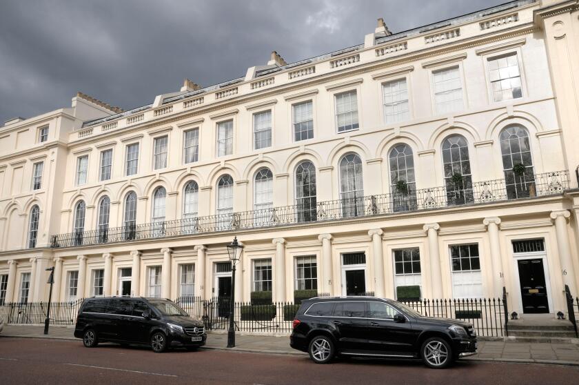 Stucco exterior of Georgian terraced houses with apartments, Park Square East terrace, Regent's Park, London NW1, England, UK.  Architect: John Nash