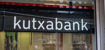 Barcelona, Spain - October 3, 2022: Facade and logo of the Kutxabank bank office in Barcelona, Catalonia, Spain