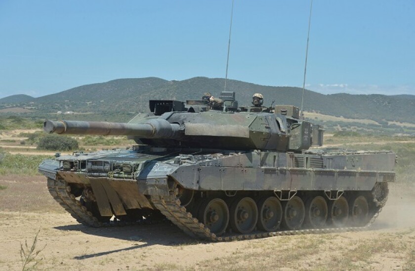 Capo Teulada, Italy. 05 May, 2023. German Army Leopard 2A7V main battle tanks with the Panzerbataillon 393 armor battalion conduct tactical maneuvers during NATO Exercise Nobel Jump 2023 at the Capo Teulada Training Area, May 5, 2023 in Capo Teulada, Sard
