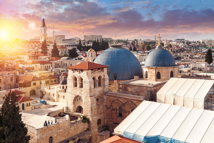 Church of the Holy Sepulcher at sunset, Jerusalem, Israel. Top view.