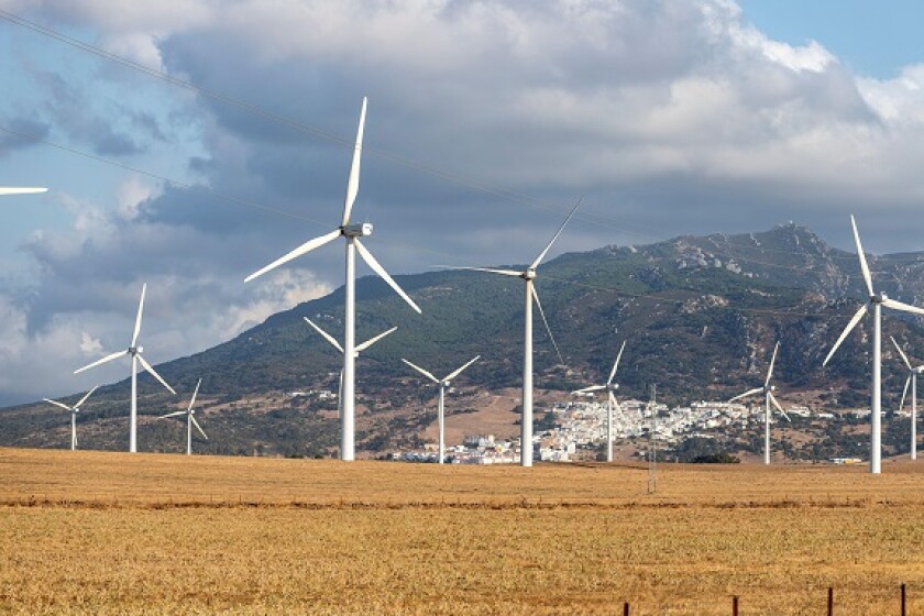 Facinas town and Wind farm in Province Cadiz, Andalusia, Spain
