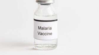 A Medical Vial with a label reading Malaria Vaccine
