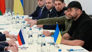 GOMEL REGION, BELARUS - FEBRUARY 28, 2022: Ukrainian Parliament member Davyd Arakhamia, Ukraine's Defence Minister Oleksiy Reznikov, Ukraine's Deputy Prime Minister Mykola Tochytskyi (from R) attend Russian-Ukrainian talks. Credit: ITAR-TASS News Agency/A