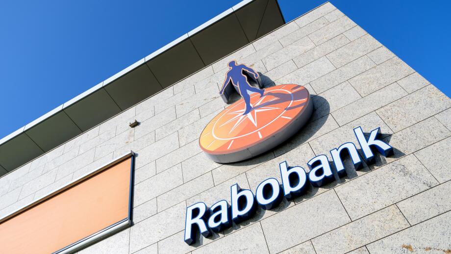Rabobank sign at branch. Rabobank is the second-largest bank in the Netherlands in terms of total assets.