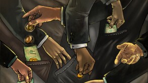 Illustrative image of business people exchanging money representing fraud. Image shot 2012. Exact date unknown.