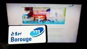 Person holding cellphone with logo of Arabian polymer manufacturer Borouge Group on screen in front of company webpage. Focus on phone display.
