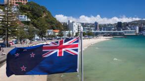 New Zealand, North Island, Wellington. Beach, Oriental Bay, New Zealand flag