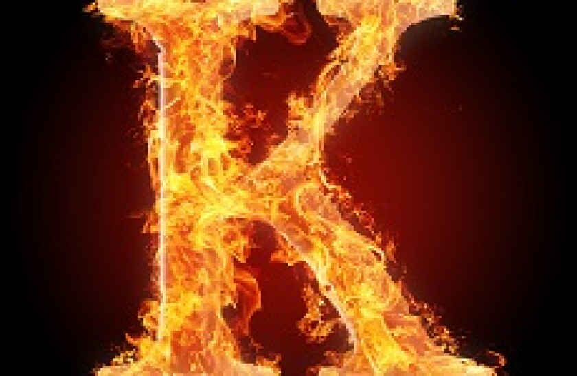 Letter k on fire from Alamy 230x150