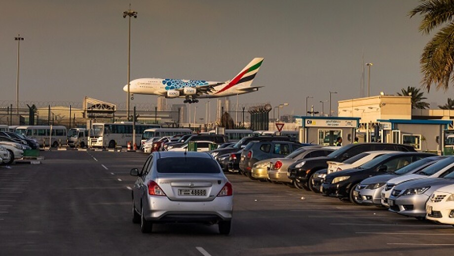 Emirates Airways; Airbus landing in Dubai international airport terminal 2
