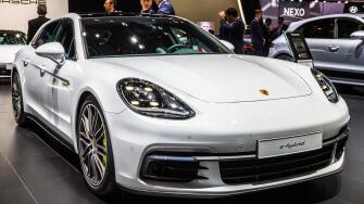 GENEVA, SWITZERLAND - MARCH 6, 2018: Porsche Panamera Turbo S E-Hybrid sports car showcased at the 88th Geneva International Motor Show.