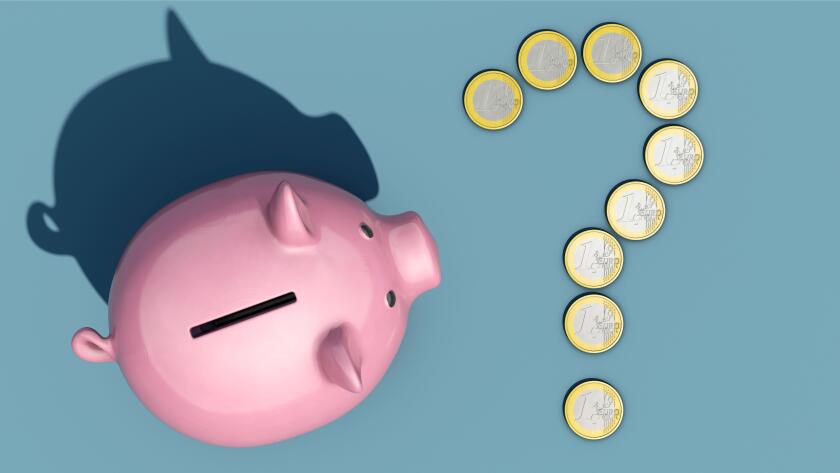 Piggy bank with question mark made from euro coins