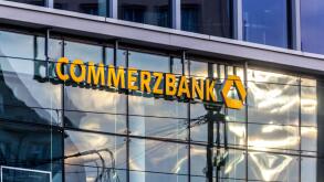 Commerzbank logo on glass facade, Dresden, Germany