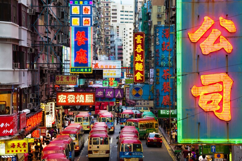 Street scene, Mini bus station and Neon lights of Mong Kok, Kowloon, Hong Kong, China