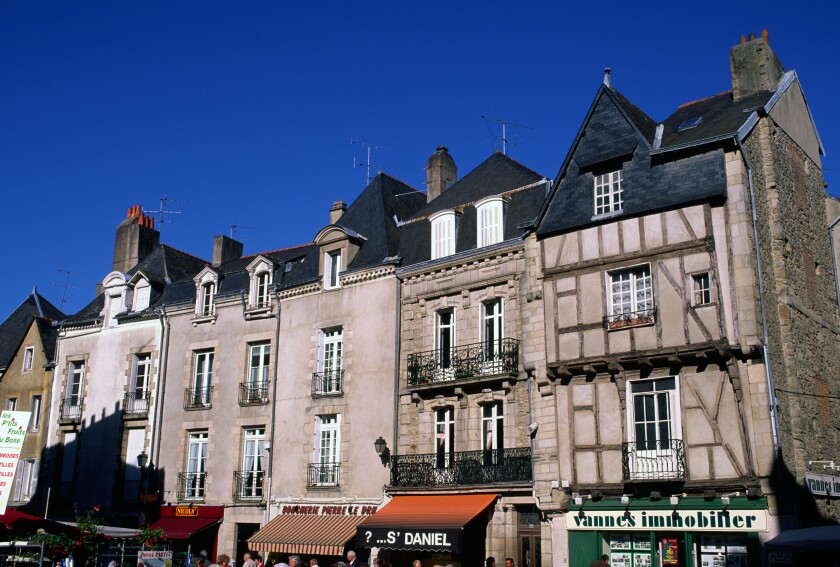 A row of houses and businesses in Vannes France Brittany