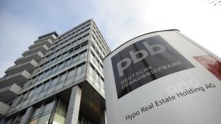 The logo of the Deutsche Pfandbriefbank seen in Unterschleissheim near Munich, Germany, 01 November 2011. In the course of the investigation about the billion euro error of the Hypo Real Estate's 'bad bank', the HRE herself has come onto focus. According