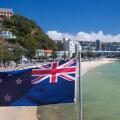 New Zealand, North Island, Wellington. Beach, Oriental Bay, New Zealand flag