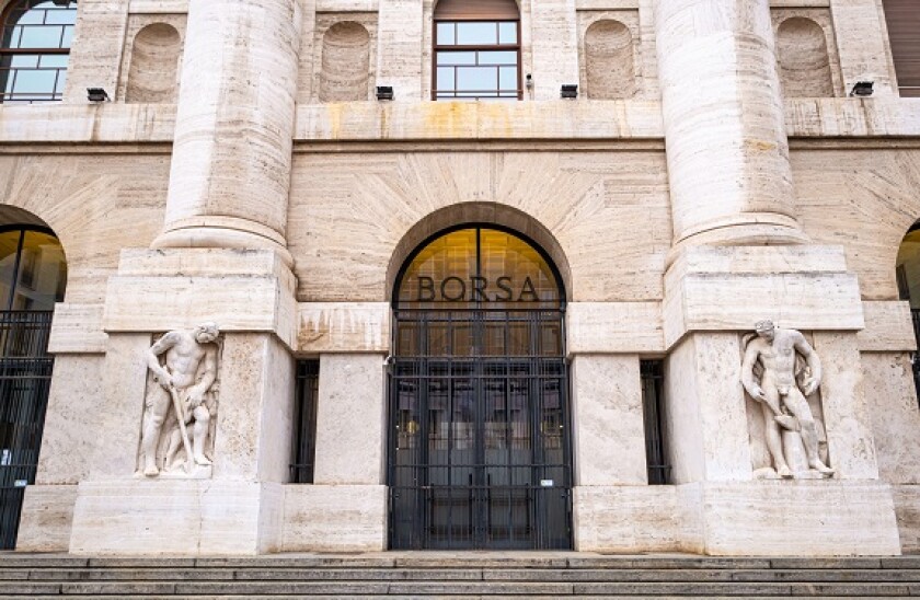 Milan Stock Exchange entrance on Piazza Affari - The building shows the typical fascist style and today is an important landmark in Milano