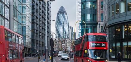 Bishopsgate road with the Gherkin skyscraper in the background, London England United Kingdom UK