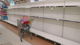 Empty shelves in a supermarket in Quebec City as people panic buy in response to the Covid-19 hysteria.