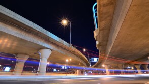 Highway and roads with light trails at night